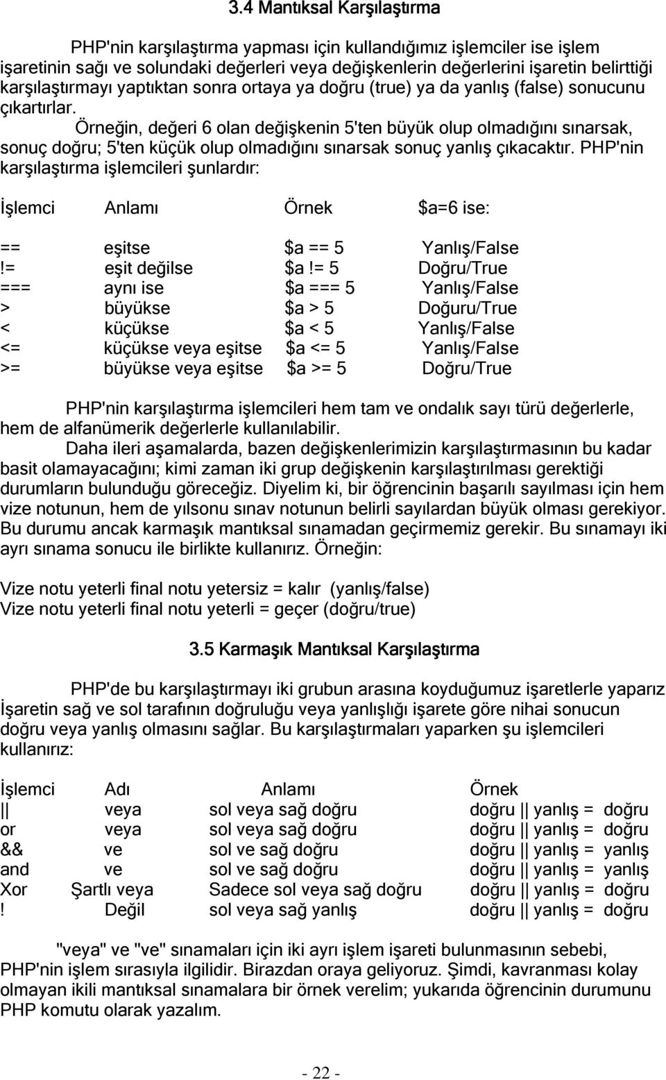 Örneğin, değeri 6 olan değişkenin 5'ten büyük olup olmadığını sınarsak, sonuç doğru; 5'ten küçük olup olmadığını sınarsak sonuç yanlış çıkacaktır.