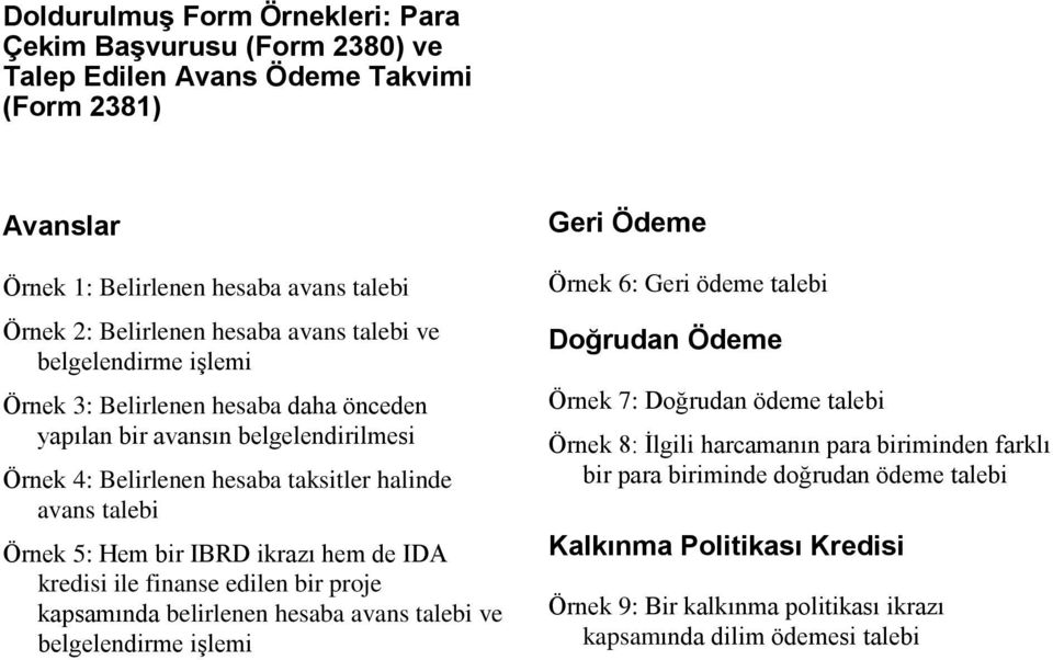 ikrazı hem de IDA kredisi ile finanse edilen bir proje kapsamında belirlenen hesaba avans talebi ve belgelendirme işlemi Geri Ödeme Örnek 6: Geri ödeme talebi Doğrudan Ödeme Örnek 7: Doğrudan