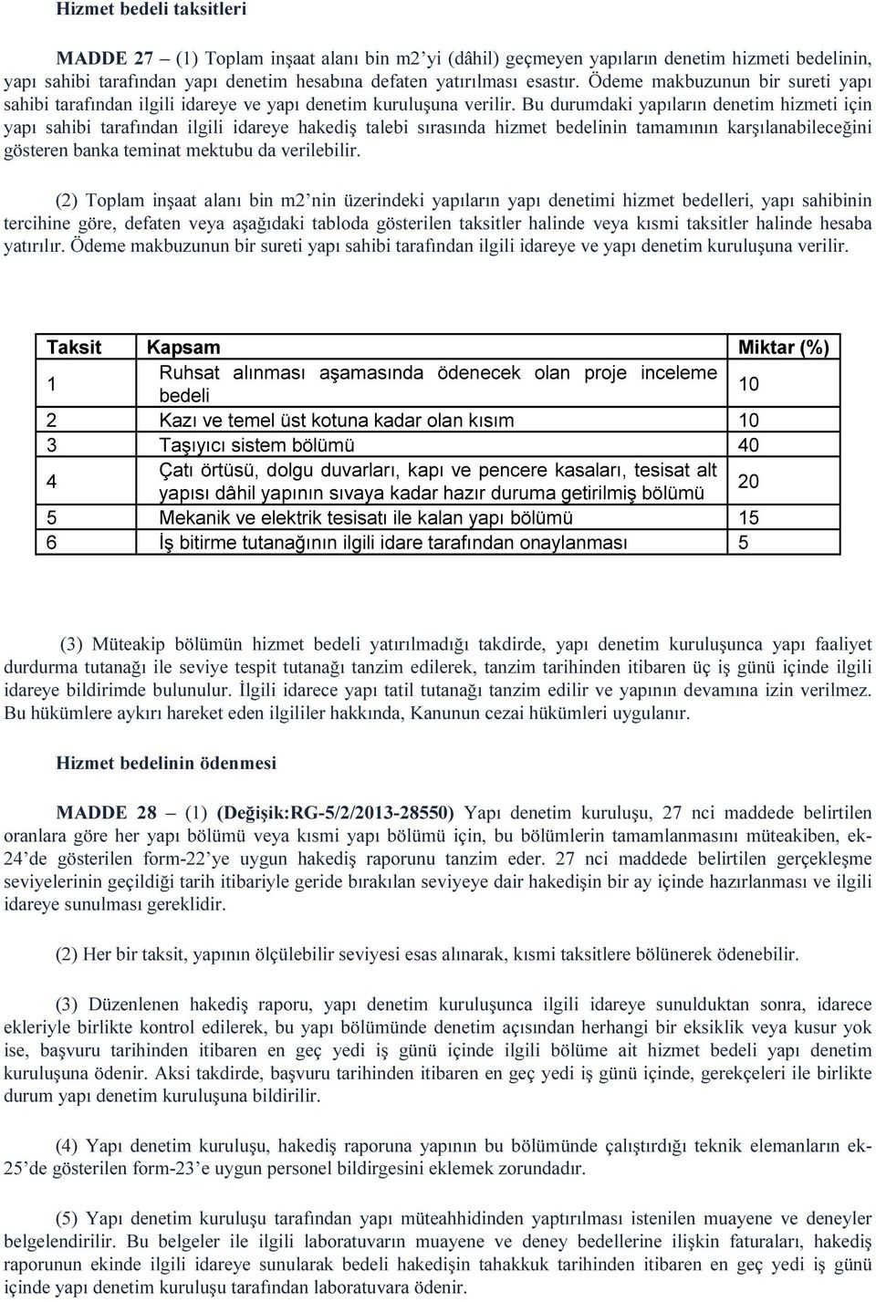 Bu durumdaki yapıların denetim hizmeti için yapı sahibi tarafından ilgili idareye hakediş talebi sırasında hizmet bedelinin tamamının karşılanabileceğini gösteren banka teminat mektubu da verilebilir.