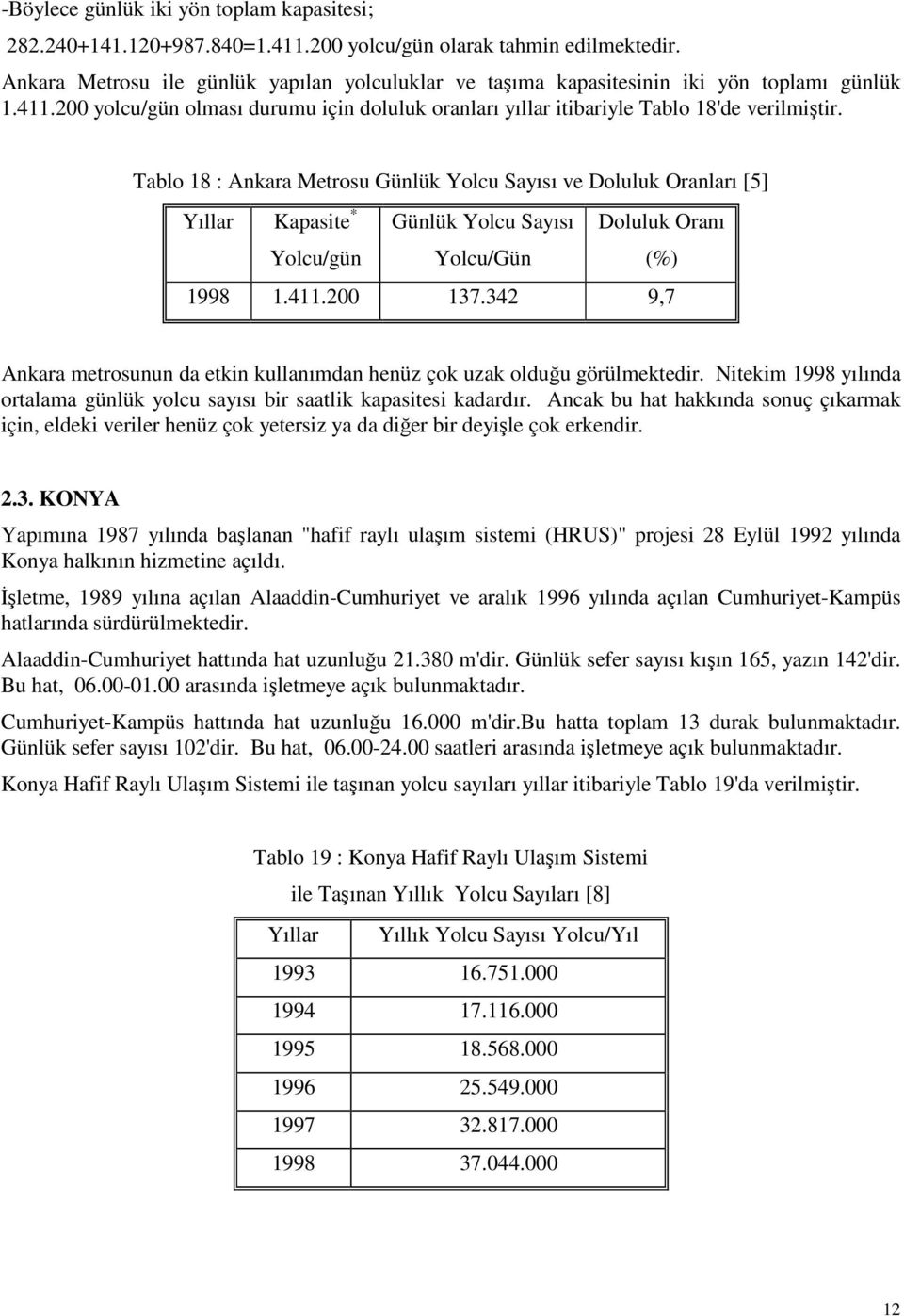 Tablo 18 : Ankara Metrosu Günlük Yolcu Sayısı ve Doluluk Oranları [5] Yıllar Kapasite * Yolcu/gün Günlük Yolcu Sayısı Yolcu/Gün Doluluk Oranı (%) 1998 1.411.200 137.