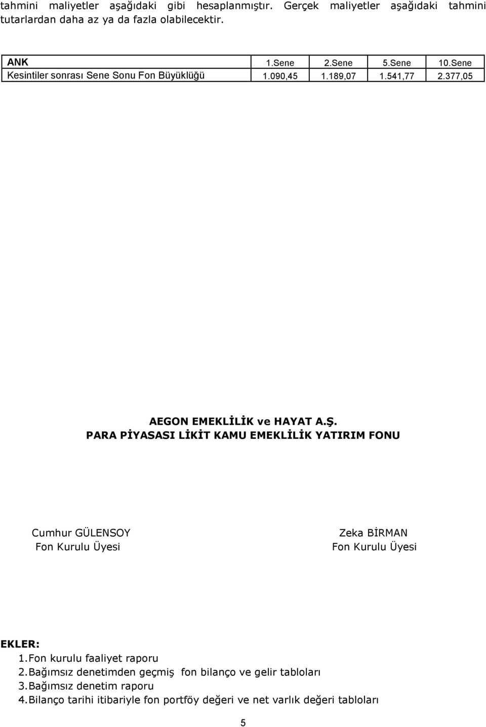377,05 AEGON EMEKLİLİK ve HAYAT A.Ş. Cumhur GÜLENSOY Fon Kurulu Üyesi Zeka BİRMAN Fon Kurulu Üyesi EKLER: 1.
