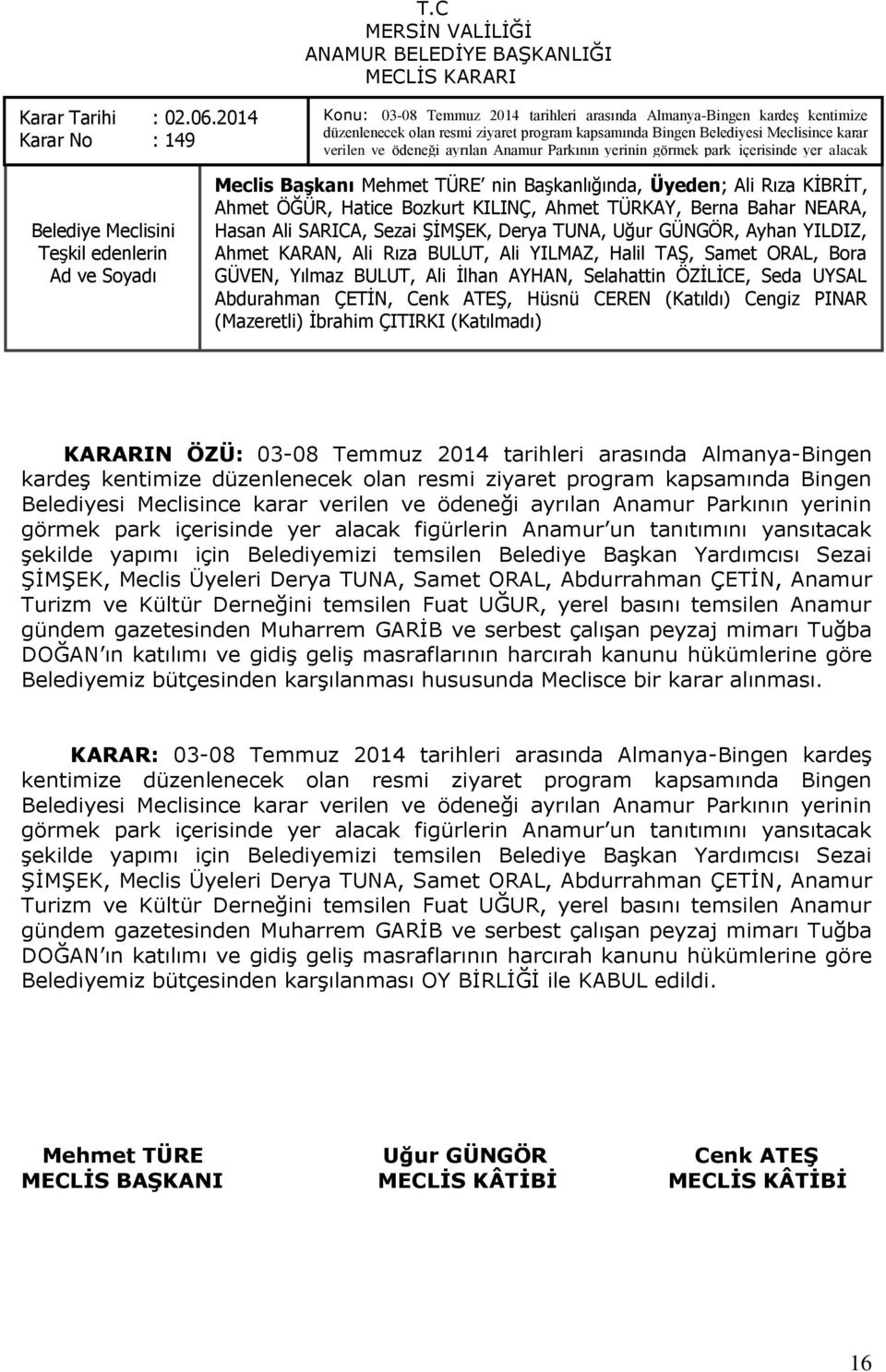 Belediyesi Meclisince karar verilen ve ödeneği ayrılan Anamur Parkının yerinin görmek park içerisinde yer alacak figürlerin Anamur un tanıtımını yansıtacak Ģekilde yapımı için Meclis Başkanı