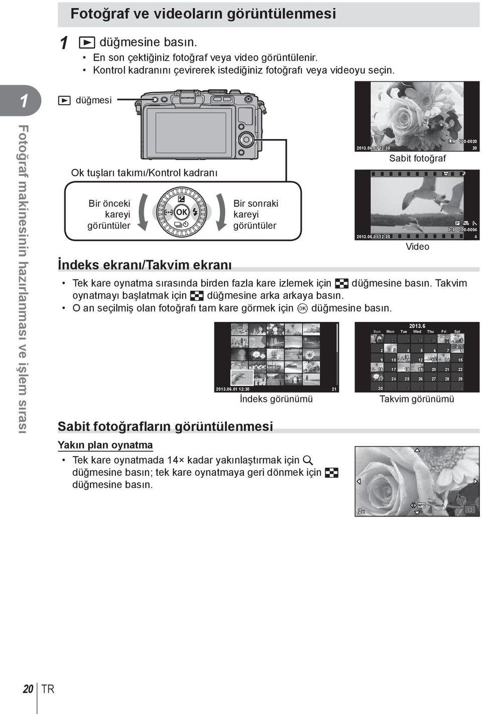 0 :0 0 Sabit fotoğraf 00-0004 0.06.0 :0 4 Video Tek kare oynatma sırasında birden fazla kare izlemek için G düğmesine basın. Takvim oynatmayı başlatmak için G düğmesine arka arkaya basın.