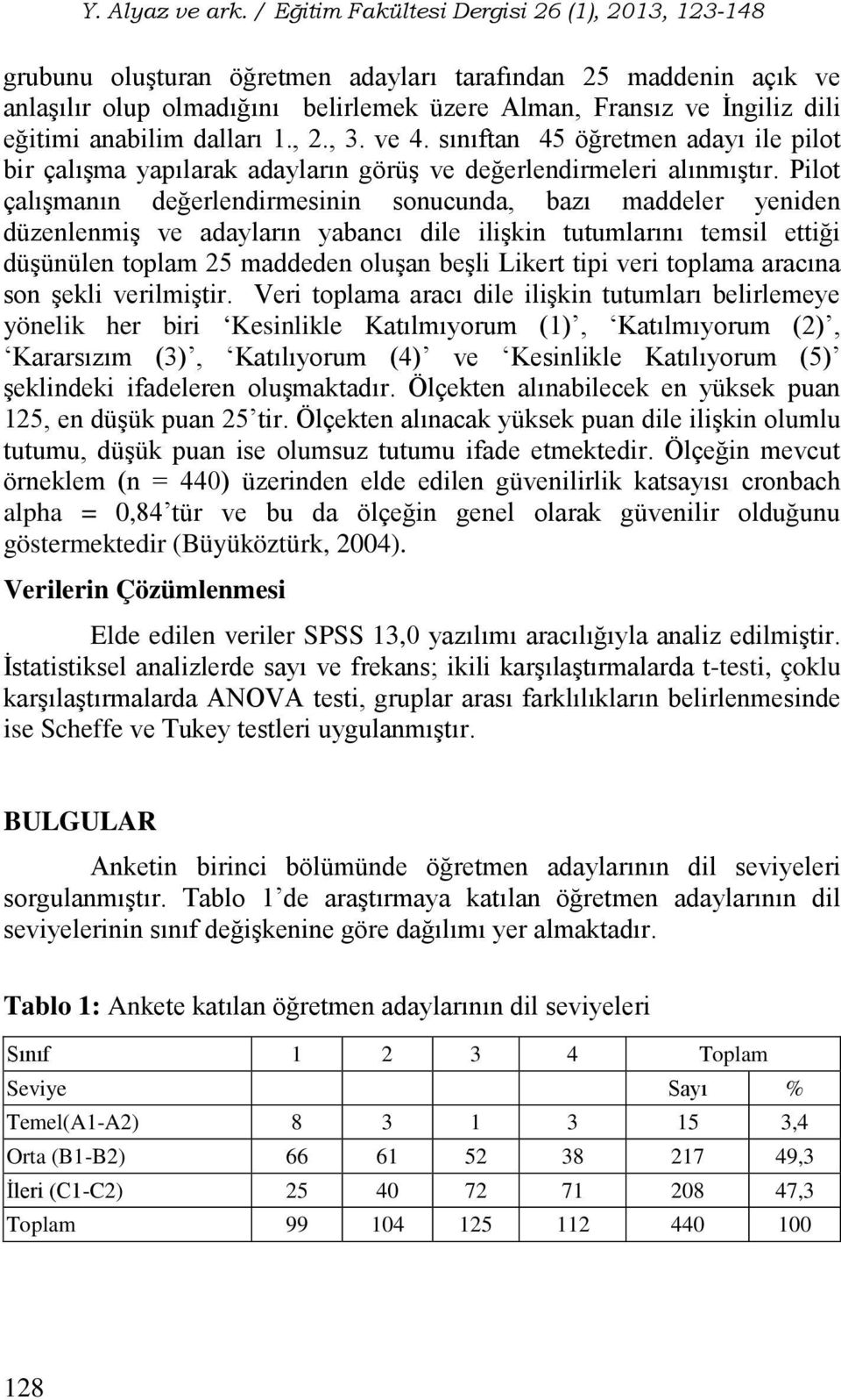 Pilot çalışmanın değerlendirmesinin sonucunda, bazı maddeler yeniden düzenlenmiş ve adayların yabancı dile ilişkin tutumlarını temsil ettiği düşünülen toplam 25 maddeden oluşan beşli Likert tipi veri