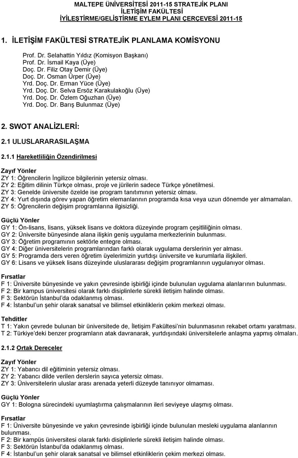 Doç. Dr. Özlem Oğuzhan (Üye) Yrd. Doç. Dr. Barış Bulunmaz (Üye) 2. SWOT ANALĠZLERĠ: 2.1 ULUSLARARASILAġMA 2.1.1 Hareketliliğin Özendirilmesi ZY 1: Öğrencilerin İngilizce bilgilerinin yetersiz olması.