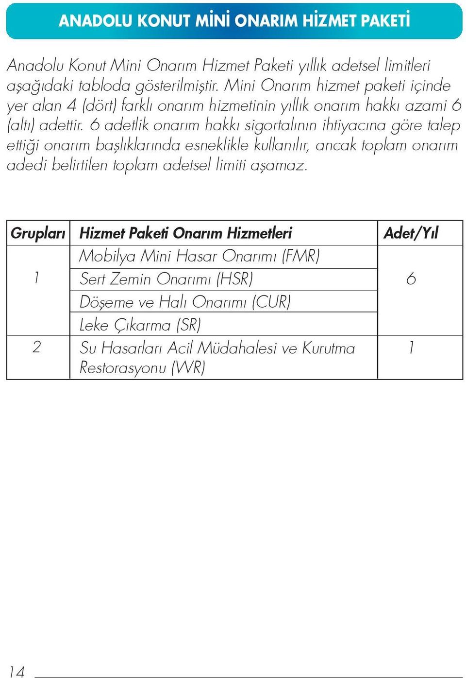 6 adetlik onar m hakk sigortal n n ihtiyac na göre talep etti i onar m bafll klar nda esneklikle kullan l r, ancak toplam onar m adedi belirtilen toplam adetsel