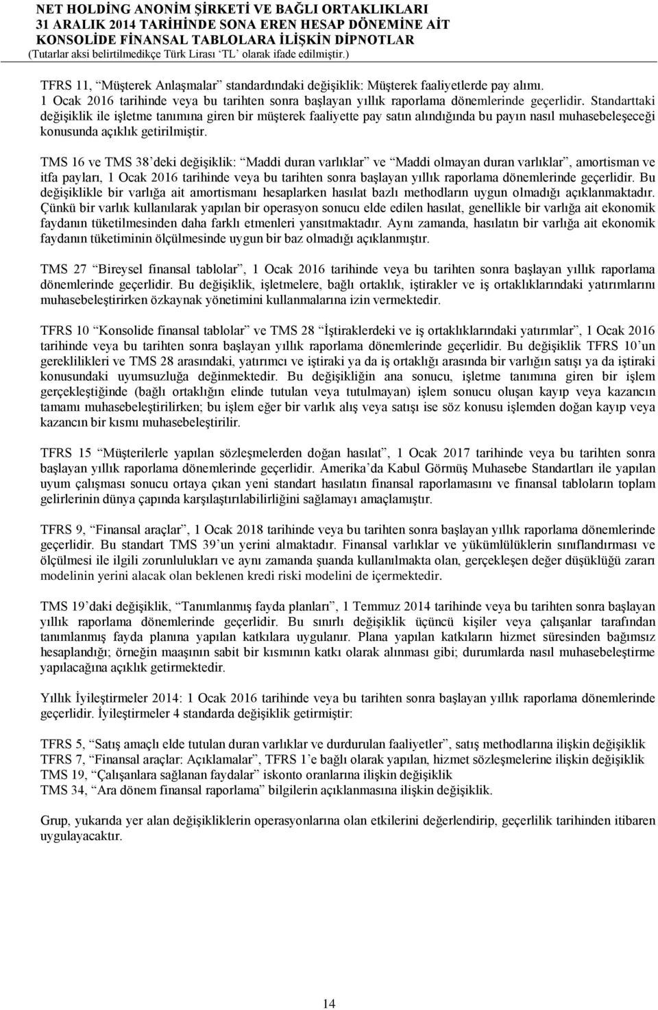 TMS 16 ve TMS 38 deki değişiklik: Maddi duran varlıklar ve Maddi olmayan duran varlıklar, amortisman ve itfa payları, 1 Ocak 2016 tarihinde veya bu tarihten sonra başlayan yıllık raporlama