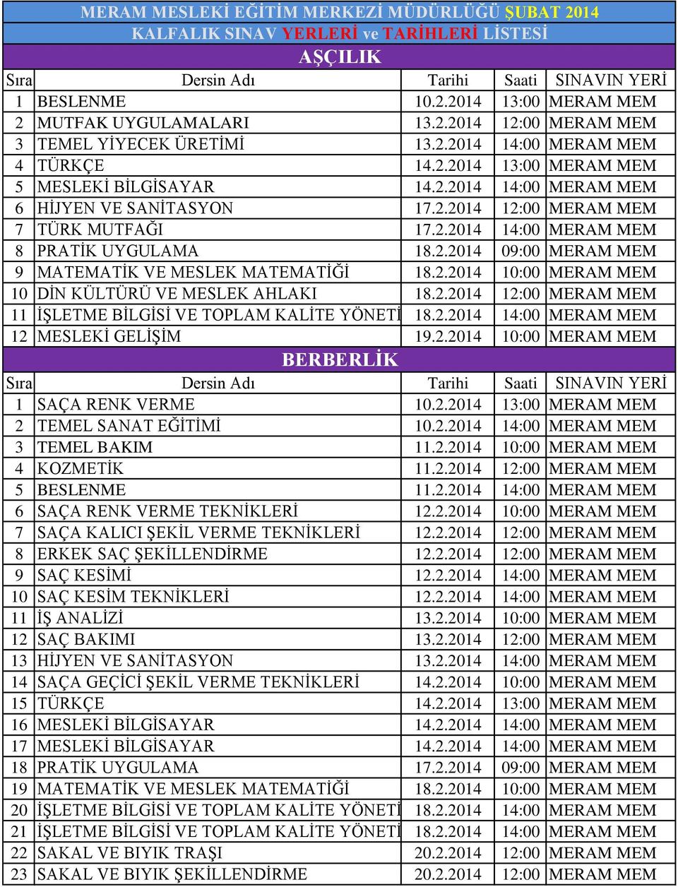 2.2014 12:00 MERAM MEM 11 İŞLETME BİLGİSİ VE TOPLAM KALİTE YÖNETİMİ18.2.2014 14:00 MERAM MEM 12 MESLEKİ GELİŞİM 19.2.2014 10:00 MERAM MEM BERBERLİK 1 SAÇA RENK VERME 10.2.2014 13:00 MERAM MEM 2 TEMEL SANAT EĞİTİMİ 10.