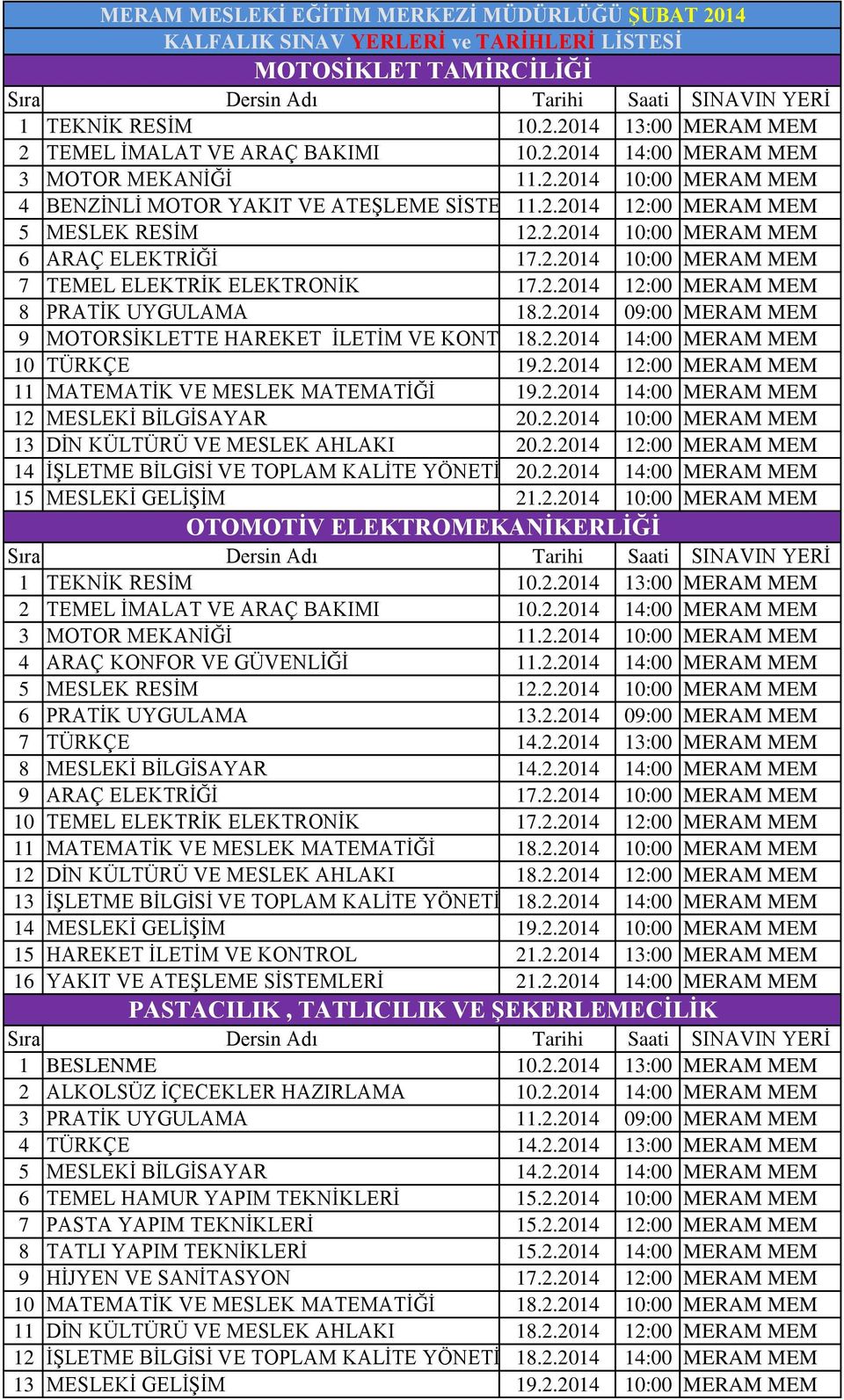 2.2014 14:00 MERAM MEM 10 TÜRKÇE 19.2.2014 12:00 MERAM MEM 11 MATEMATİK VE MESLEK MATEMATİĞİ 19.2.2014 14:00 MERAM MEM 12 MESLEKİ BİLGİSAYAR 20.2.2014 10:00 MERAM MEM 13 DİN KÜLTÜRÜ VE MESLEK AHLAKI 20.