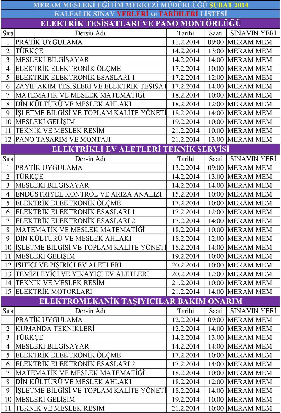 2.2014 14:00 MERAM MEM 10 MESLEKİ GELİŞİM 19.2.2014 10:00 MERAM MEM 11 TEKNİK VE MESLEK RESİM 21.2.2014 10:00 MERAM MEM 12 PANO TASARIM VE MONTAJI 21.2.2014 13:00 MERAM MEM ELEKTRİKLİ EV ALETLERİ TEKNİK SERVİSİ 1 PRATİK UYGULAMA 13.