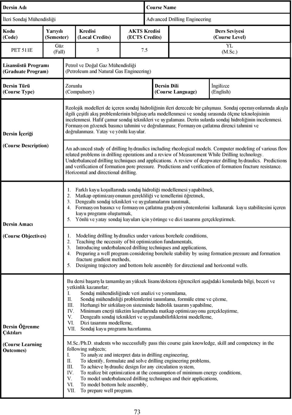 ) Lisansüstü Programı (Graduate Program) Petrol ve Doğal Gaz Mühendisliği (Petroleum and Natural Gas Engineering) Dersin Türü (Course Type) Zorunlu (Compulsory) Dersin Dili (Course Language)