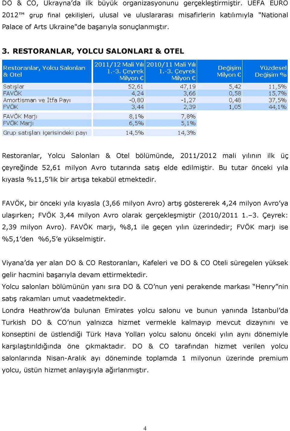 RESTORANLAR, YOLCU SALONLARI & OTEL Restoranlar, Yolcu Salonları & Otel bölümünde, 2011/2012 mali yılının ilk üç çeyreğinde 52,61 milyon Avro tutarında satış elde edilmiştir.