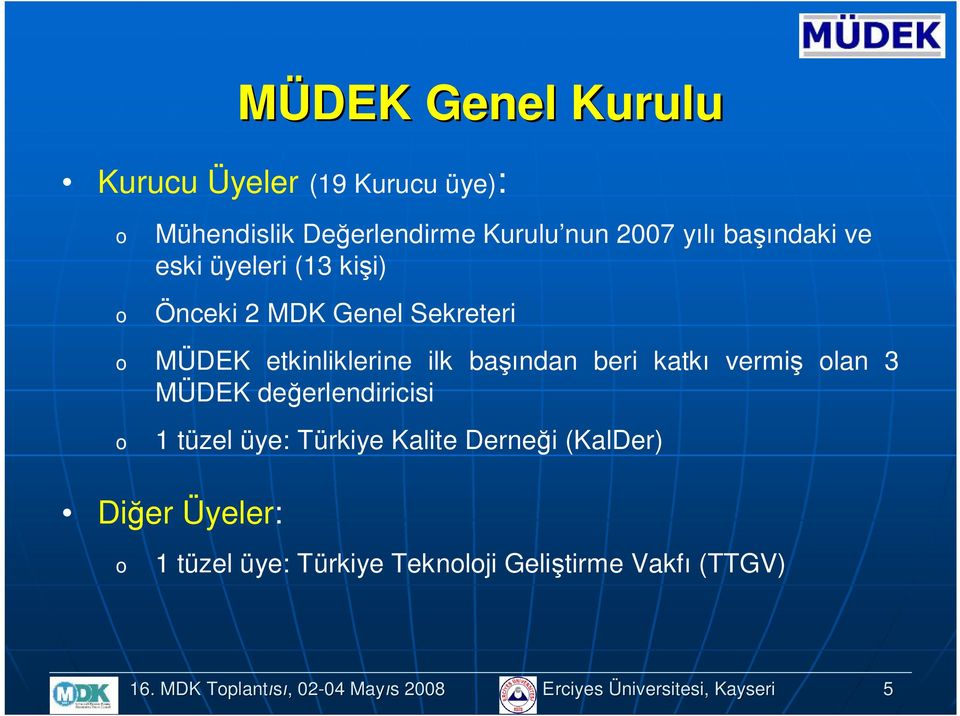 lan 3 MÜDEK değerlendiricisi 1 tüzel üye: Türkiye Kalite Derneği (KalDer) Diğer Üyeler: 1 tüzel üye: