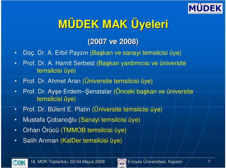 Platin (Üniversite temsilcisi üye) Mustafa Çbanğlu (Sanayi temsilcisi üye) Orhan Örücü (TMMOB temsilcisi üye) Salih Arıman (KalDer