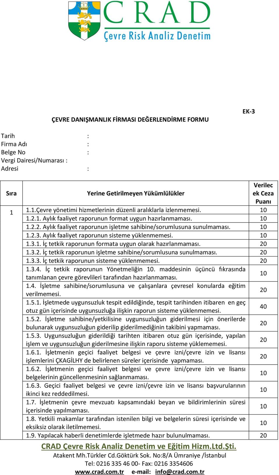 1.2.3. Aylık faaliyet raporunun sisteme yüklenmemesi. 1.3.1. İç tetkik raporunun formata uygun olarak hazırlanmaması. 1.3.2. İç tetkik raporunun işletme sahibine/sorumlusuna sunulmaması. 1.3.3. İç tetkik raporunun sisteme yüklenmemesi.