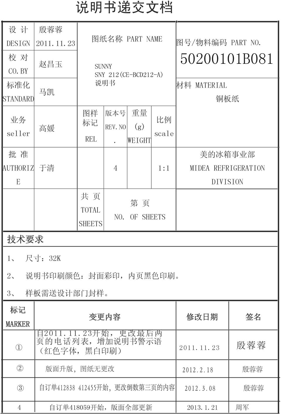 OF SHEETS 2 说 明 书 印 刷 颜 色 : 封 面 彩 印, 内 页 黑 色 印 刷 3 样 板 需 送 设 计 部 门 封 样 SUNNY SNY 212(CE-BCD212-A) 说 明 书 图 号 / 物 料 编 码 PART NO.