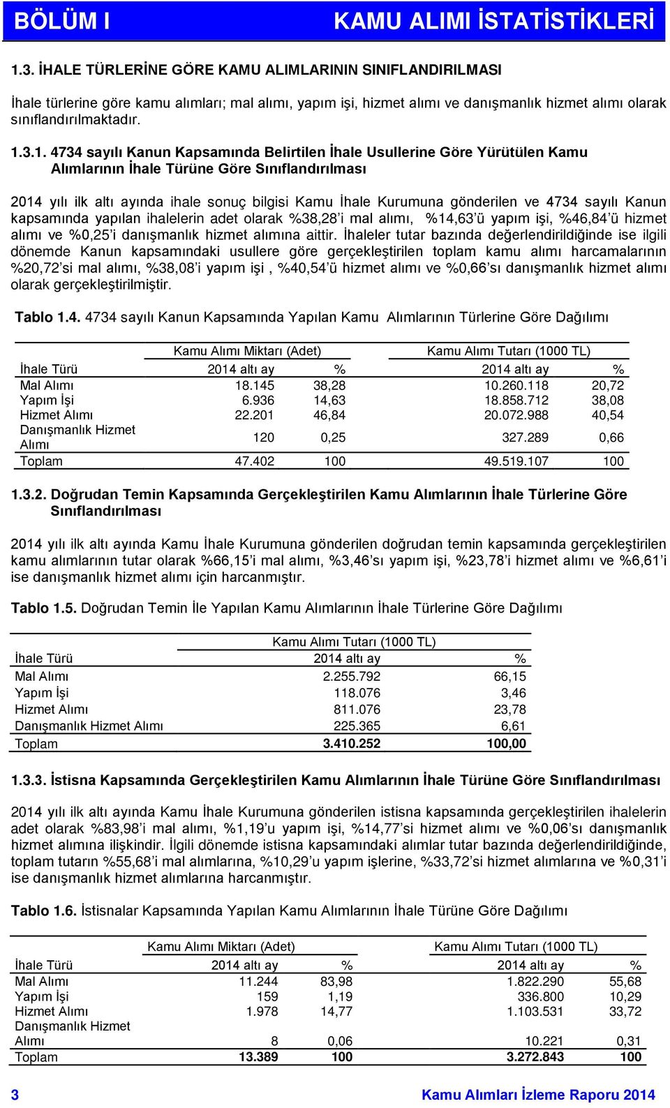 3.1. 4734 sayılı Kanun Kapsamında Belirtilen İhale Usullerine Göre Yürütülen Kamu Alımlarının İhale Türüne Göre Sınıflandırılması 2014 yılı ilk altı ayında ihale sonuç bilgisi Kamu İhale Kurumuna