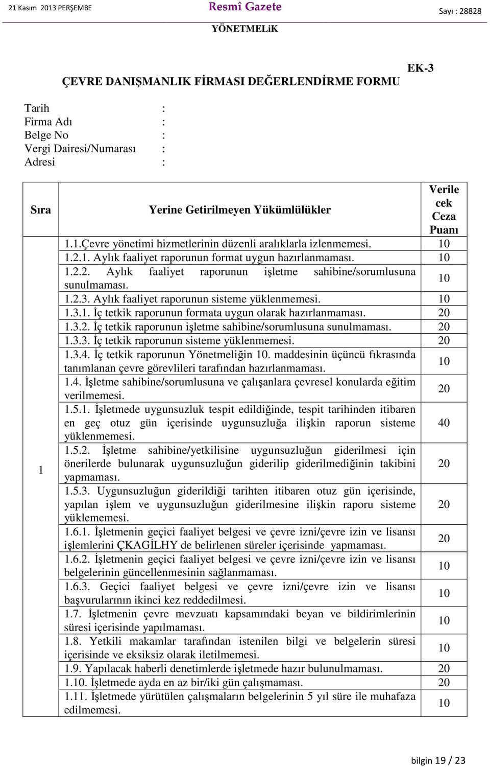 1.3.2. İç tetkik raporunun işletme sahibine/sorumlusuna sunulmaması. 1.3.3. İç tetkik raporunun sisteme yüklenmemesi. 1.3.4. İç tetkik raporunun Yönetmeliğin.