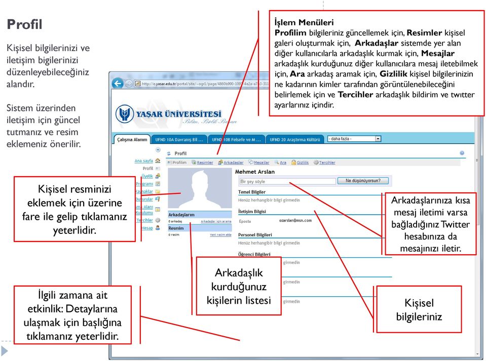 kurduğunuz diğer kullanıcılara mesaj iletebilmek için, Ara arkadaș aramak için, Gizlilik kișisel bilgilerinizin ne kadarının kimler tarafından görüntülenebileceğini belirlemek için ve Tercihler