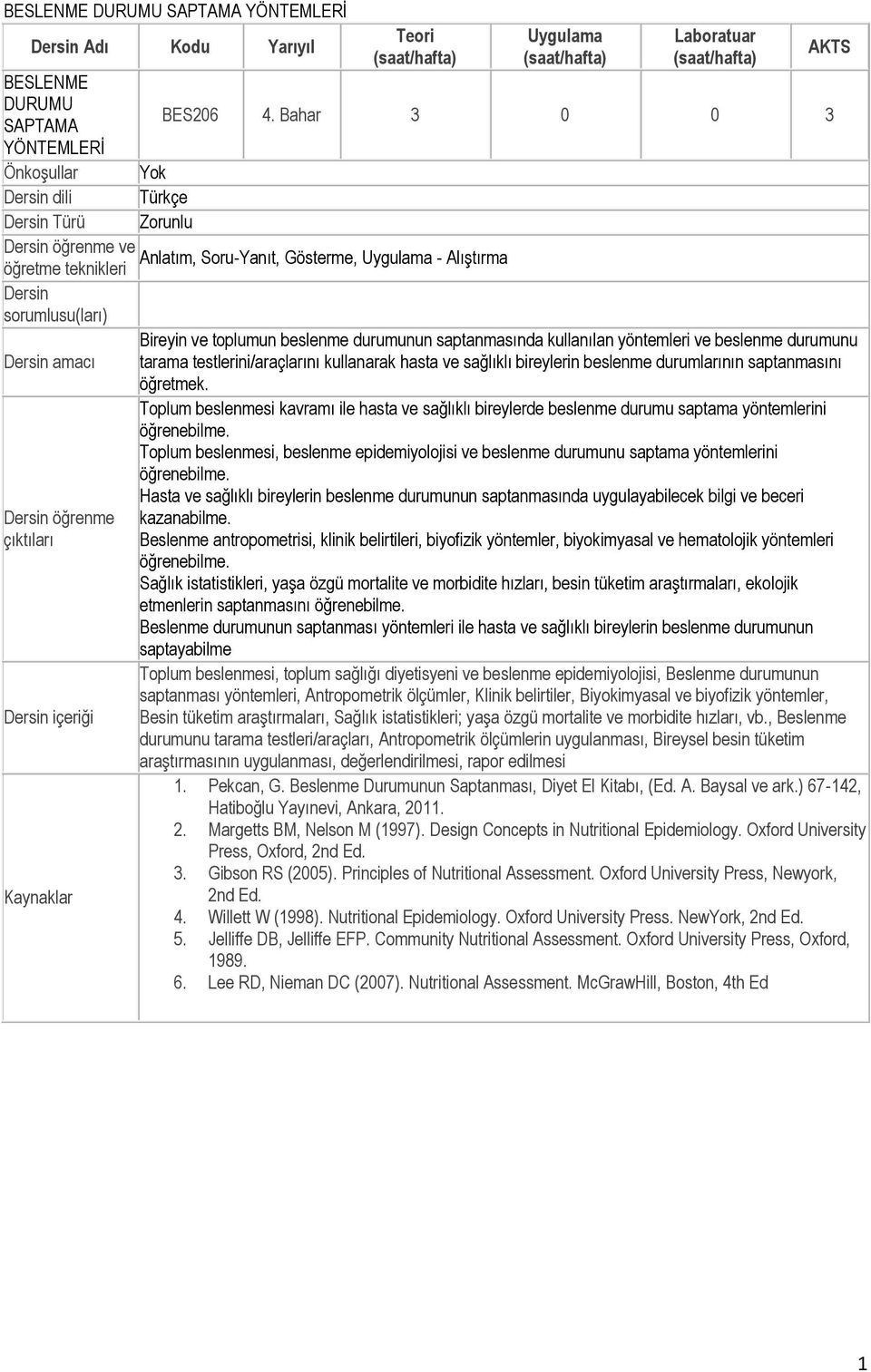 Bahar 3 0 0 3 Yok Türkçe Zorunlu Anlatım, Soru-Yanıt, Gösterme, - Alıştırma AKTS Bireyin ve toplumun beslenme durumunun saptanmasında kullanılan yöntemleri ve beslenme durumunu tarama