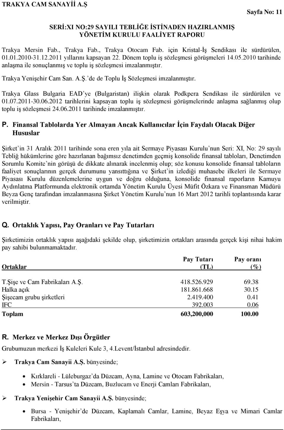 Trakya Glass Bulgaria EAD ye (Bulgaristan) ilişkin olarak Podkpera Sendikası ile sürdürülen ve 01.07.2011-30.06.