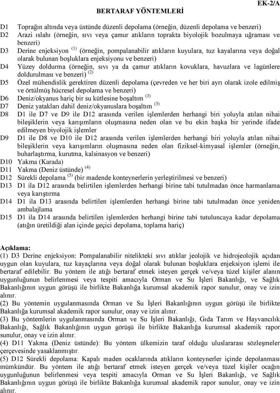 ya da çamur atıkların kovuklara, havuzlara ve lagünlere doldurulması ve benzeri) (2) D5 Özel mühendislik gerektiren düzenli depolama (çevreden ve her biri ayrı olarak izole edilmiş ve örtülmüş