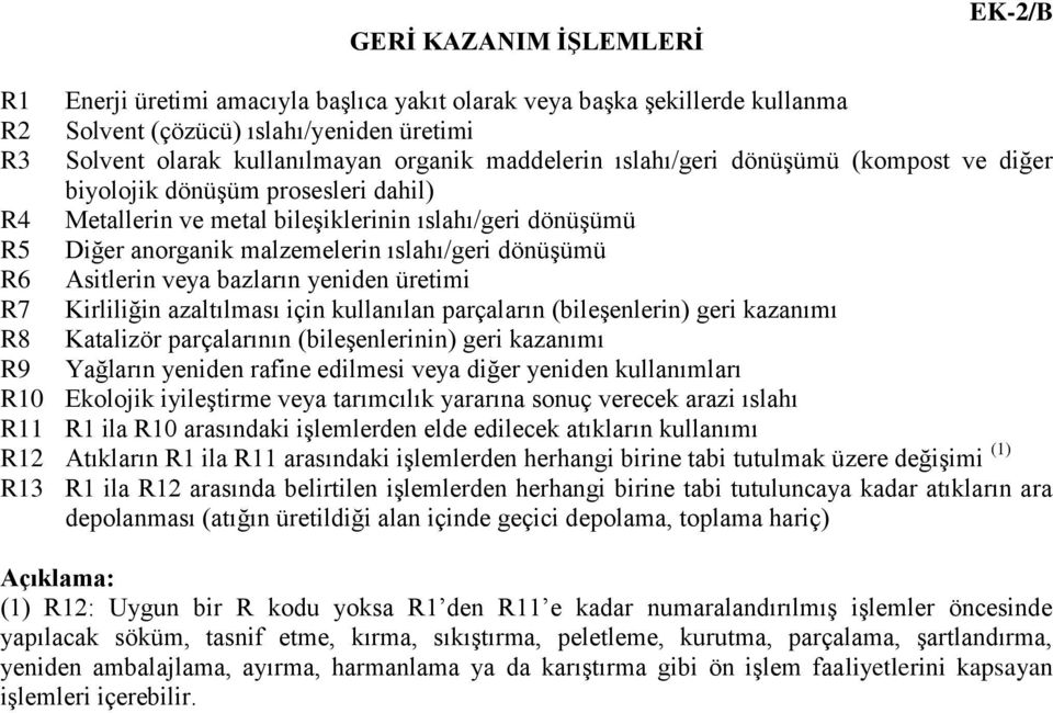 R6 Asitlerin veya bazların yeniden üretimi R7 Kirliliğin azaltılması için kullanılan parçaların (bileşenlerin) geri kazanımı R8 Katalizör parçalarının (bileşenlerinin) geri kazanımı R9 Yağların