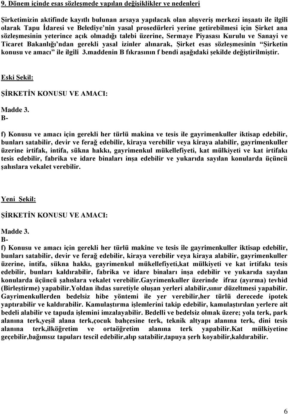 alınarak, ġirket esas sözleģmesinin ġirketin konusu ve amacı ile ilgili 3.maddenin B fıkrasının f bendi aģağıdaki Ģekilde değiģtirilmiģtir. Eski ġekil: ġġrketġn KONUSU VE AMACI: Madde 3.