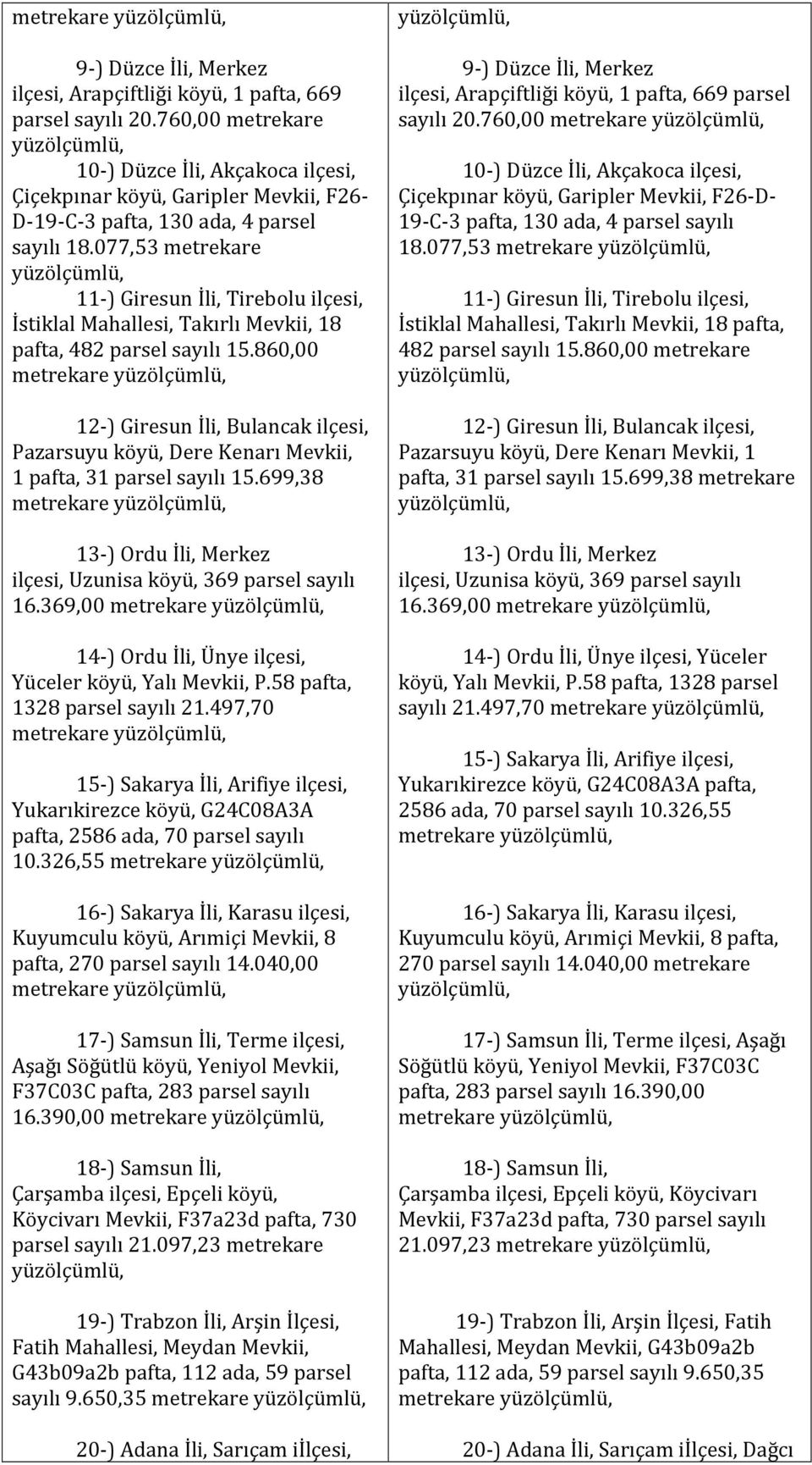 077,53 metrekare 11-) Giresun İli, Tirebolu ilçesi, İstiklal Mahallesi, Takırlı Mevkii, 18 pafta, 482 parsel sayılı 15.