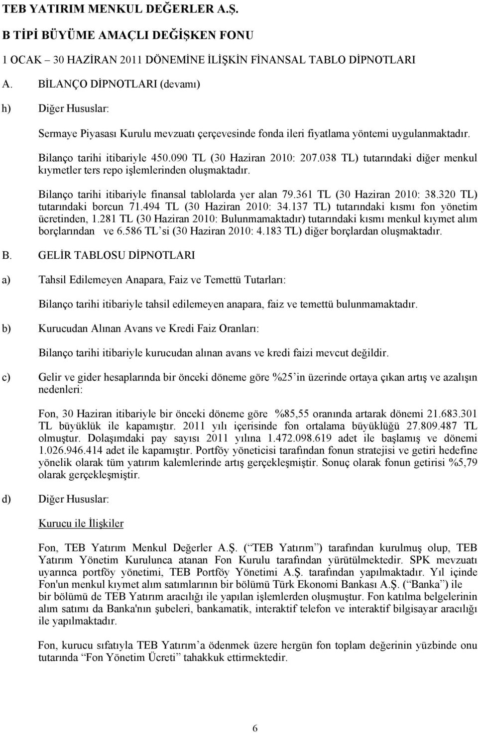 038 TL) tutarındaki diğer menkul kıymetler ters repo işlemlerinden oluşmaktadır. Bilanço tarihi itibariyle finansal tablolarda yer alan 79.361 TL (30 Haziran 2010: 38.320 TL) tutarındaki borcun 71.