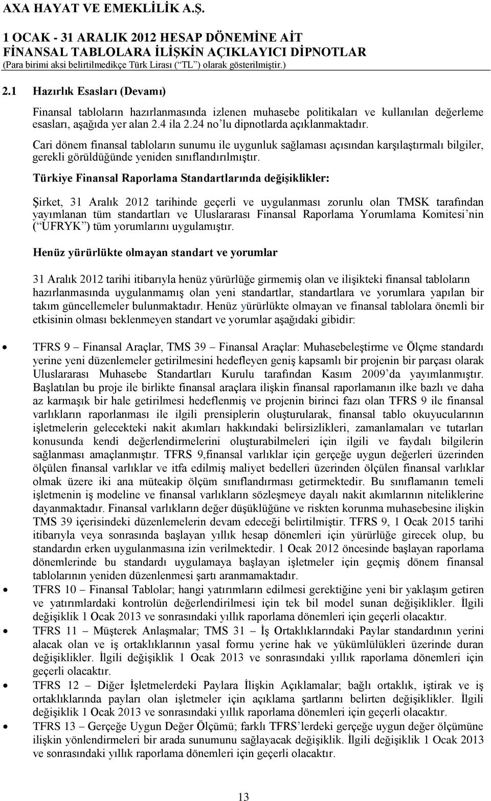 Türkiye Finansal Raporlama Standartlarında değişiklikler: Şirket, 31 Aralık 2012 tarihinde geçerli ve uygulanması zorunlu olan TMSK tarafından yayımlanan tüm standartları ve Uluslararası Finansal