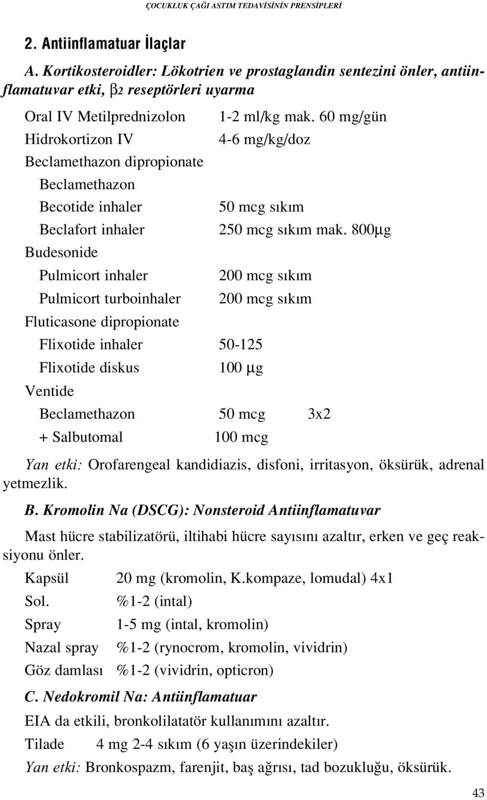60 mg/gün Hidrokortizon IV 4-6 mg/kg/doz Beclamethazon dipropionate Beclamethazon Becotide inhaler 50 mcg s k m Beclafort inhaler 250 mcg s k m mak.