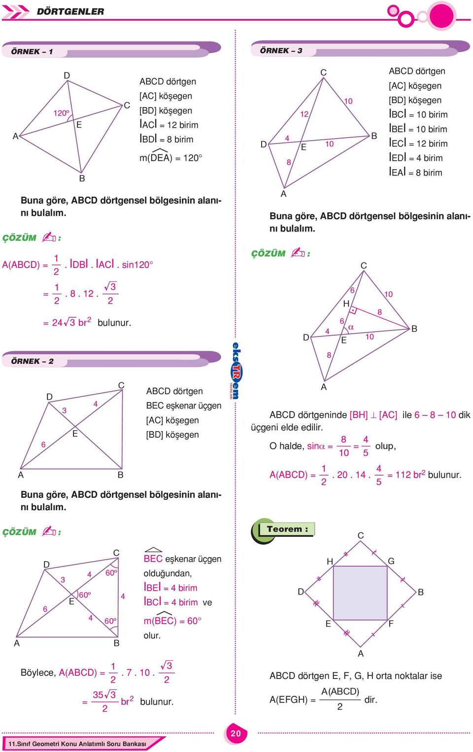 H 10 8 10 ÖRN 8 dörtgen eşkenr üçgen [] köşegen [] köşegen dörtgeninde [H] [] ile 8 10 dik üçgeni elde edilir. 8 hlde, sinα = = olup, 10 5 () = 1. 0. 1. 5 = 11 br bulunur.