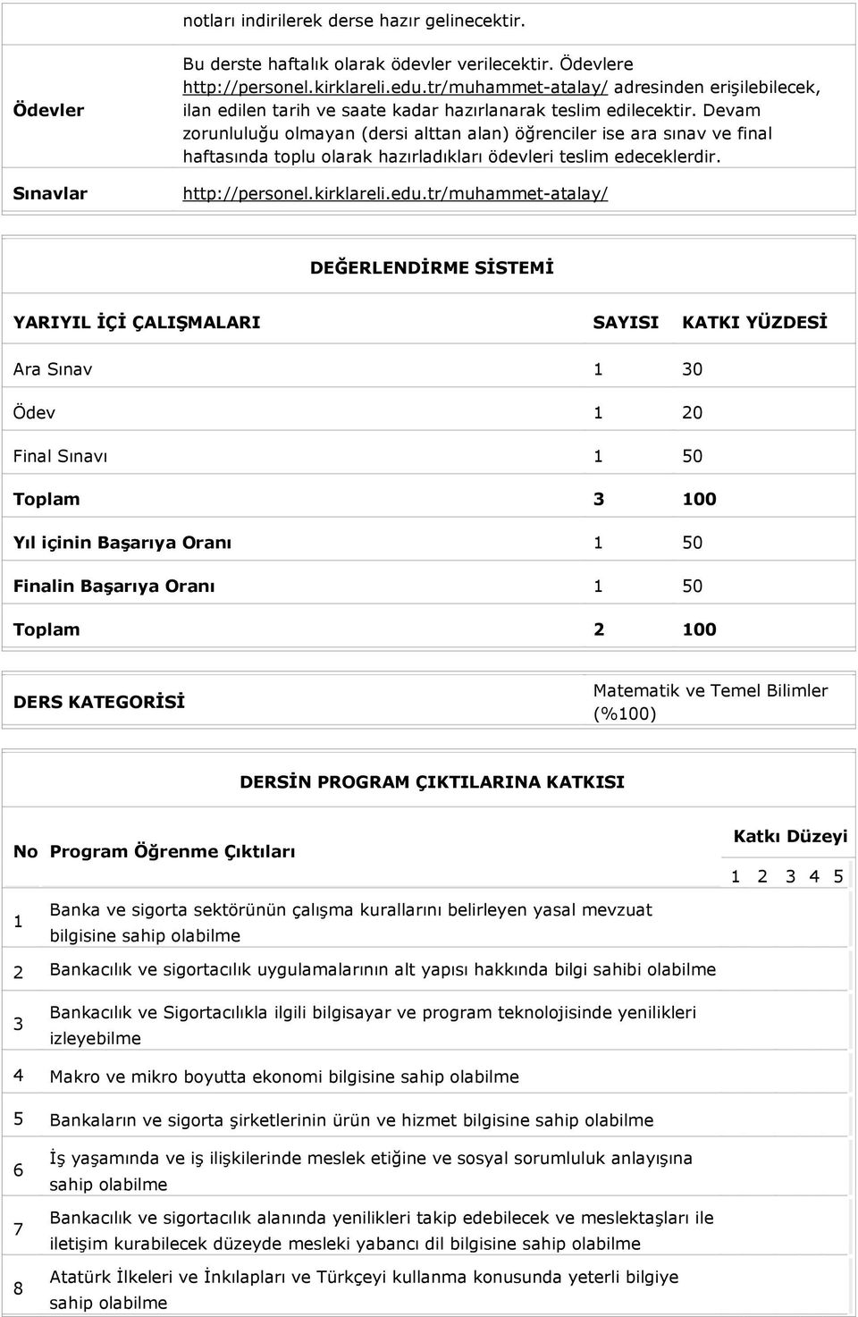 Devam zorunluluğu olmayan (dersi alttan alan) öğrenciler ise ara sınav ve final haftasında toplu olarak hazırladıkları ödevleri teslim edeceklerdir. http://personel.kirklareli.edu.