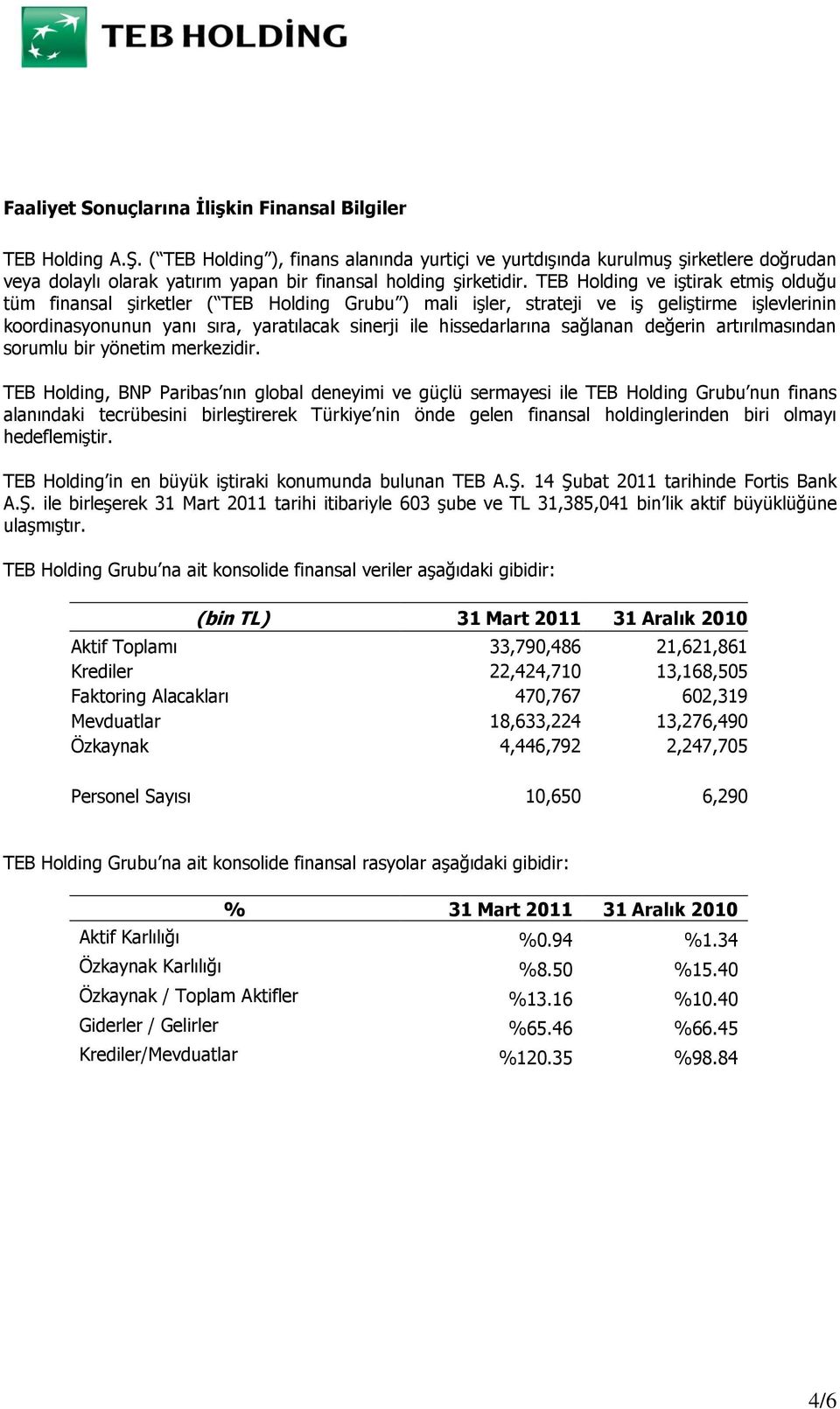 TEB Holding ve iştirak etmiş olduğu tüm finansal şirketler ( TEB Holding Grubu ) mali işler, strateji ve iş geliştirme işlevlerinin koordinasyonunun yanı sıra, yaratılacak sinerji ile hissedarlarına