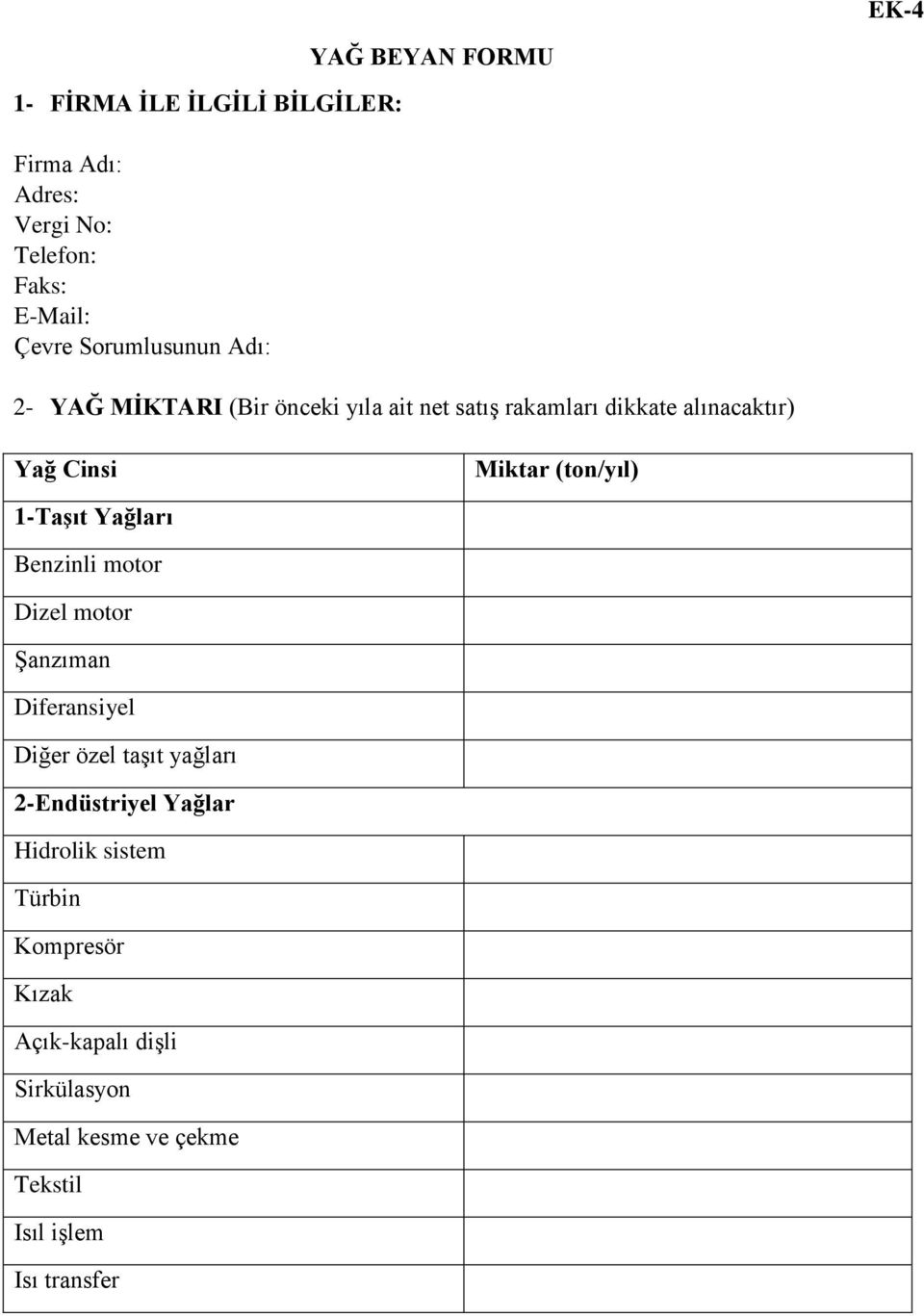 1-Taşıt Yağları Benzinli motor Dizel motor Şanzıman Diferansiyel Diğer özel taşıt yağları 2-Endüstriyel Yağlar