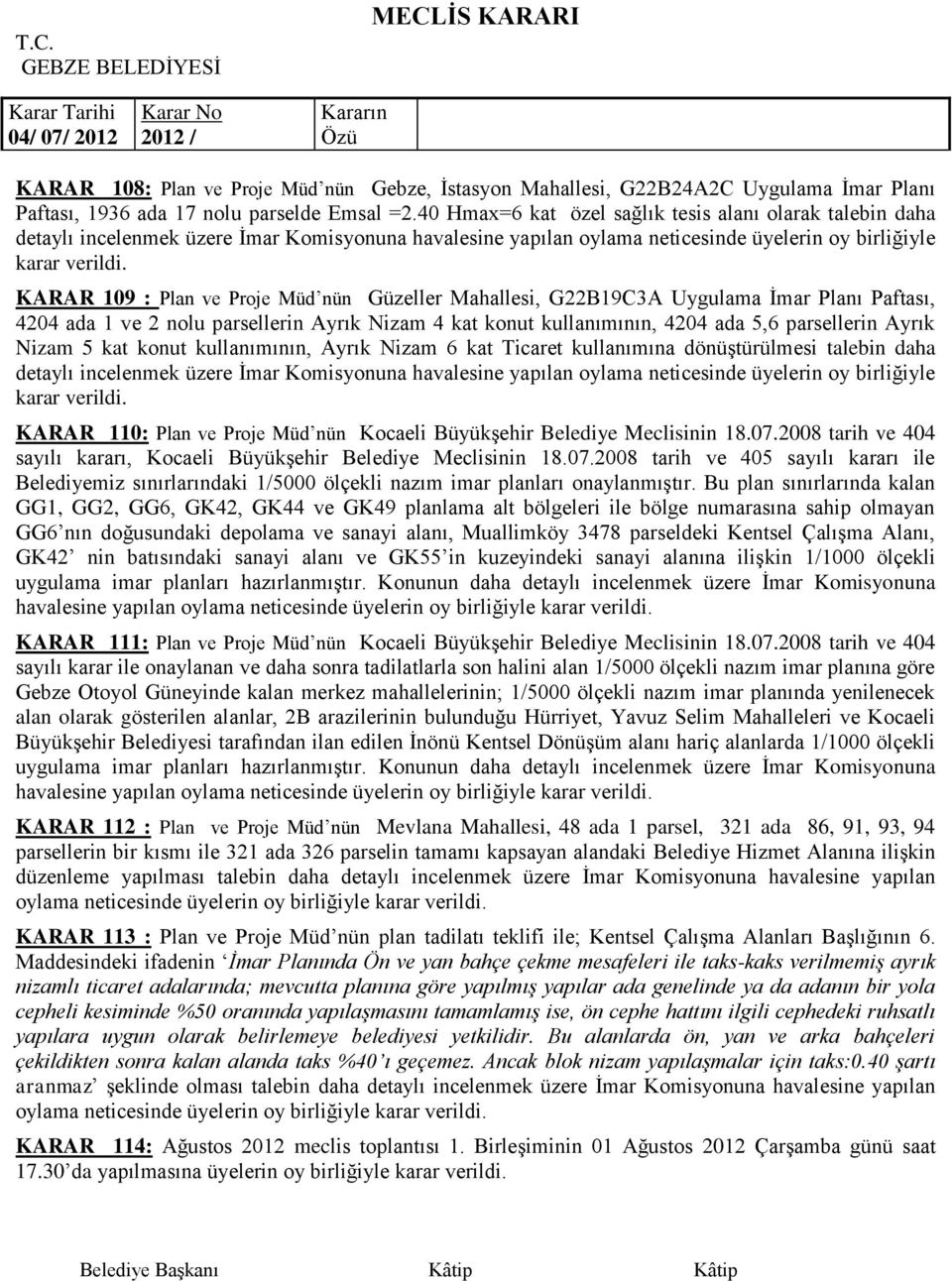 KARAR 109 : Plan ve Proje Müd nün Güzeller Mahallesi, G22B19C3A Uygulama Ġmar Planı Paftası, 4204 ada 1 ve 2 nolu parsellerin Ayrık Nizam 4 kat konut kullanımının, 4204 ada 5,6 parsellerin Ayrık