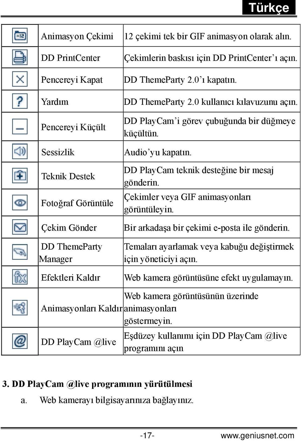 Audio yu kapatın. DD PlayCam teknik desteğine bir mesaj gönderin. Çekimler veya GIF animasyonları görüntüleyin. Bir arkadaşa bir çekimi e-posta ile gönderin.