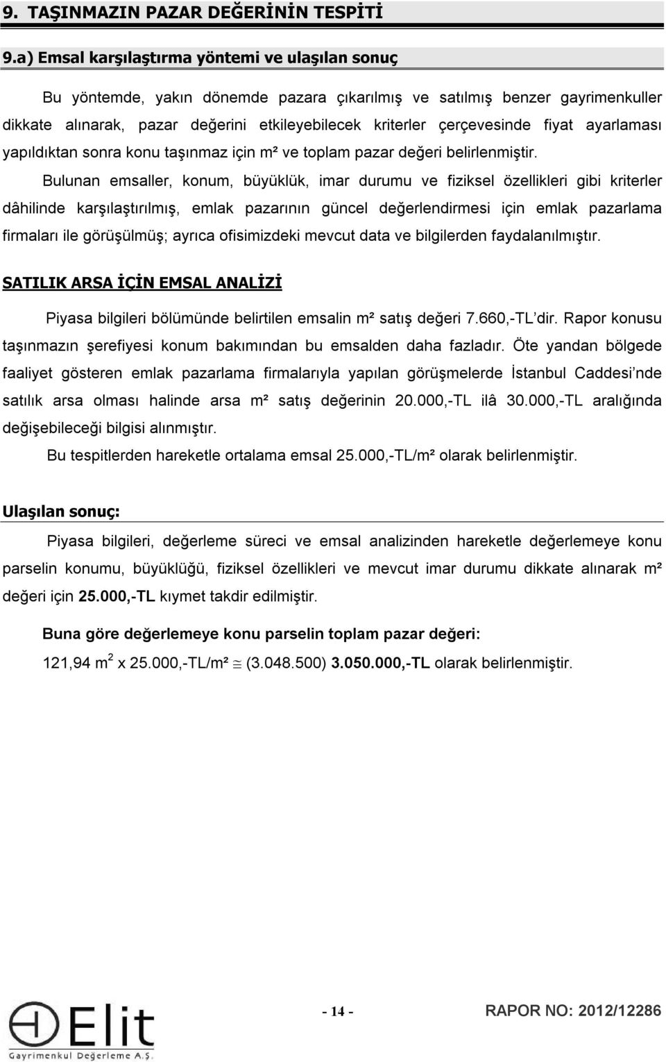 fiyat ayarlaması yapıldıktan sonra konu taşınmaz için m² ve toplam pazar değeri belirlenmiştir.