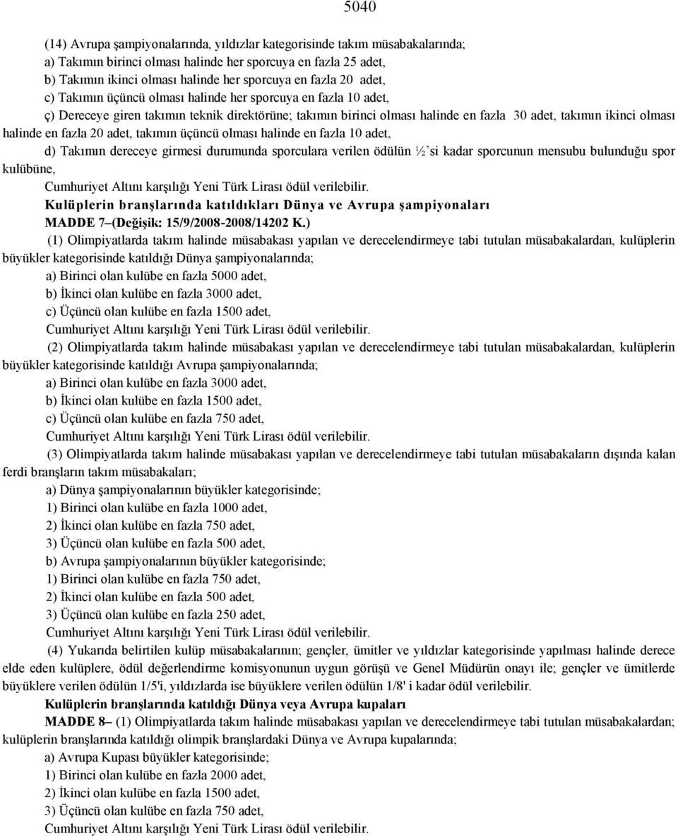 halinde en fazla 20 adet, takımın üçüncü olması halinde en fazla 10 adet, d) Takımın dereceye girmesi durumunda sporculara verilen ödülün ½ si kadar sporcunun mensubu bulunduğu spor kulübüne,