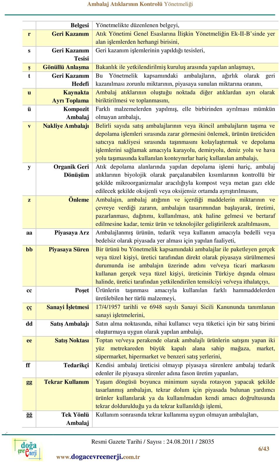 geri Hedefi kazanılması zorunlu miktarının, piyasaya sunulan miktarına oranını, u Kaynakta Ayrı Toplama atıklarının oluştuğu noktada diğer atıklardan ayrı olarak biriktirilmesi ve toplanmasını, ü