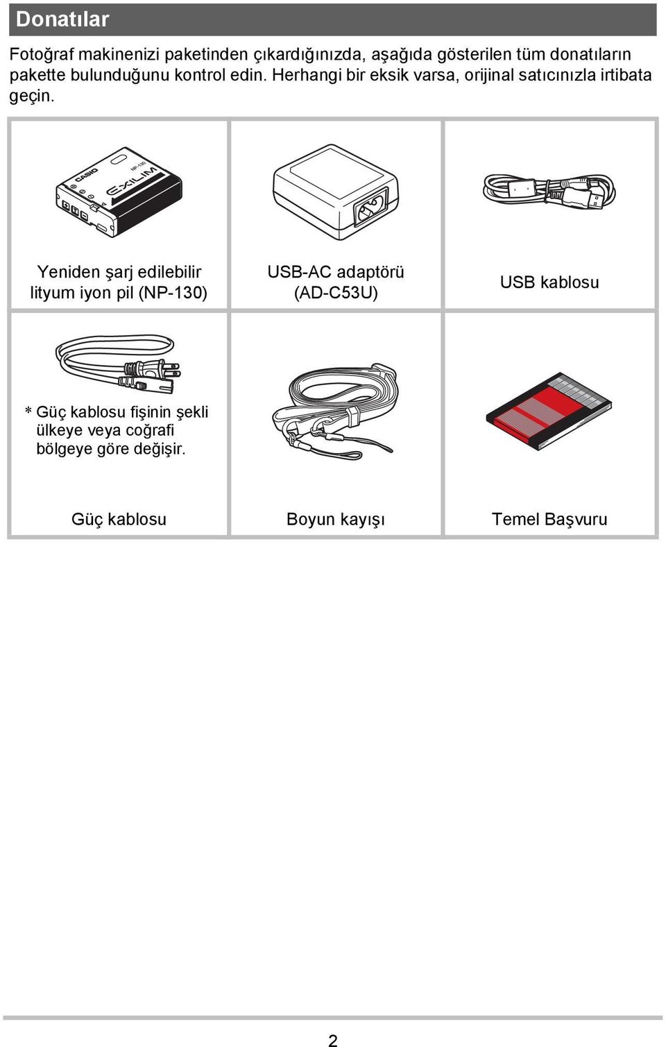 Yeniden şarj edilebilir lityum iyon pil (NP-130) USB-AC adaptörü (AD-C53U) USB kablosu * Güç