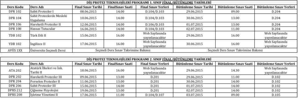 SINIF FİNAL/BÜTÜNLEME TARİHLERİ DPR 202 Hareketli Protezler III 09.06.2015 13.00 D.201 29.06.2015 11.00 D.102 DPR 204 Porselen Protezler II 11.06.2015 13.00 D.201 30.06.2015 14.00 D.102 DPR 206 Sabit Protezler III 15.