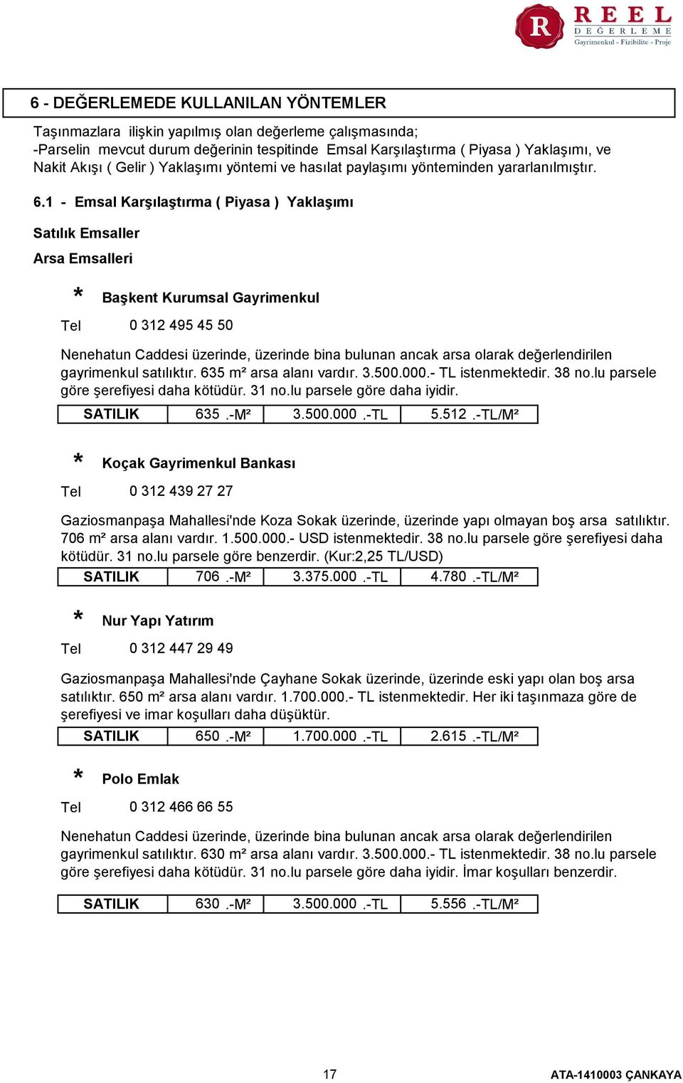 1 - Emsal Karşılaştırma ( Piyasa ) Yaklaşımı Satılık Emsaller Arsa Emsalleri Tel Başkent Kurumsal Gayrimenkul 0 312 495 45 50 Nenehatun Caddesi üzerinde, üzerinde bina bulunan ancak arsa olarak