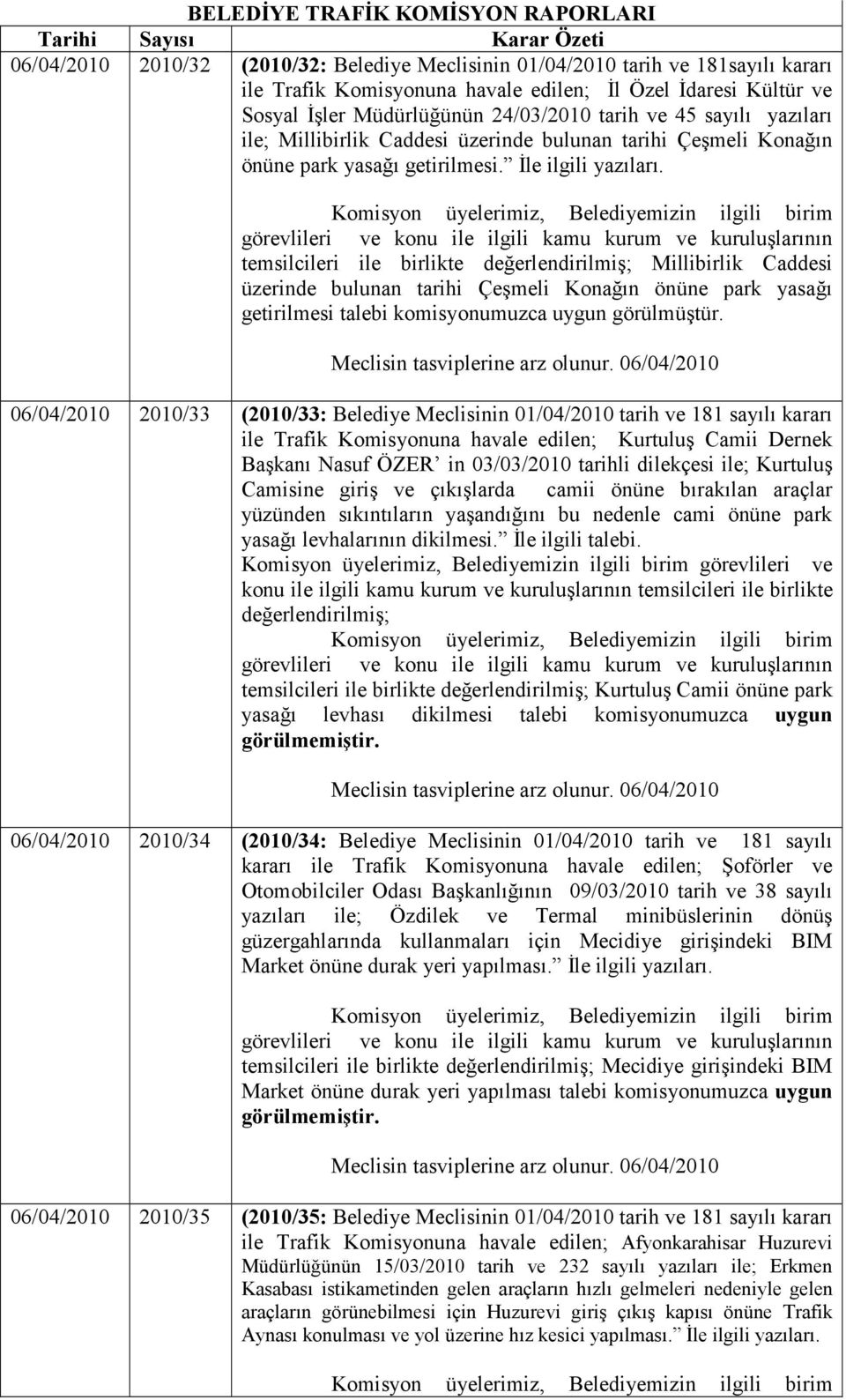 temsilcileri ile birlikte değerlendirilmiş; Millibirlik Caddesi üzerinde bulunan tarihi Çeşmeli Konağın önüne park yasağı getirilmesi talebi komisyonumuzca uygun görülmüştür.