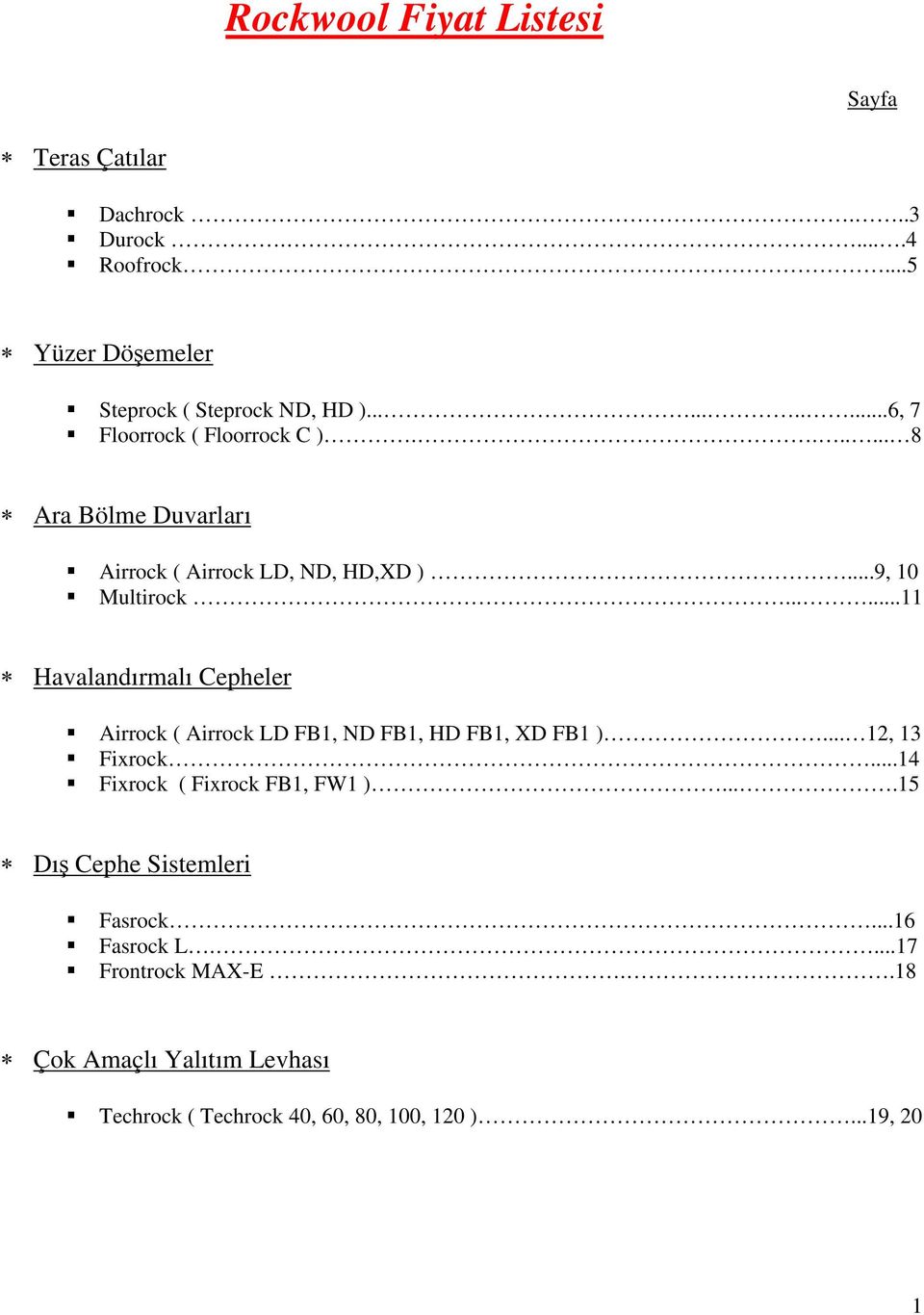 .....11 Havalandırmalı Cepheler Airrock ( Airrock LD FB1, ND FB1, HD FB1, XD FB1 )... 12, 13 Fixrock...14 Fixrock ( Fixrock FB1, FW1 ).