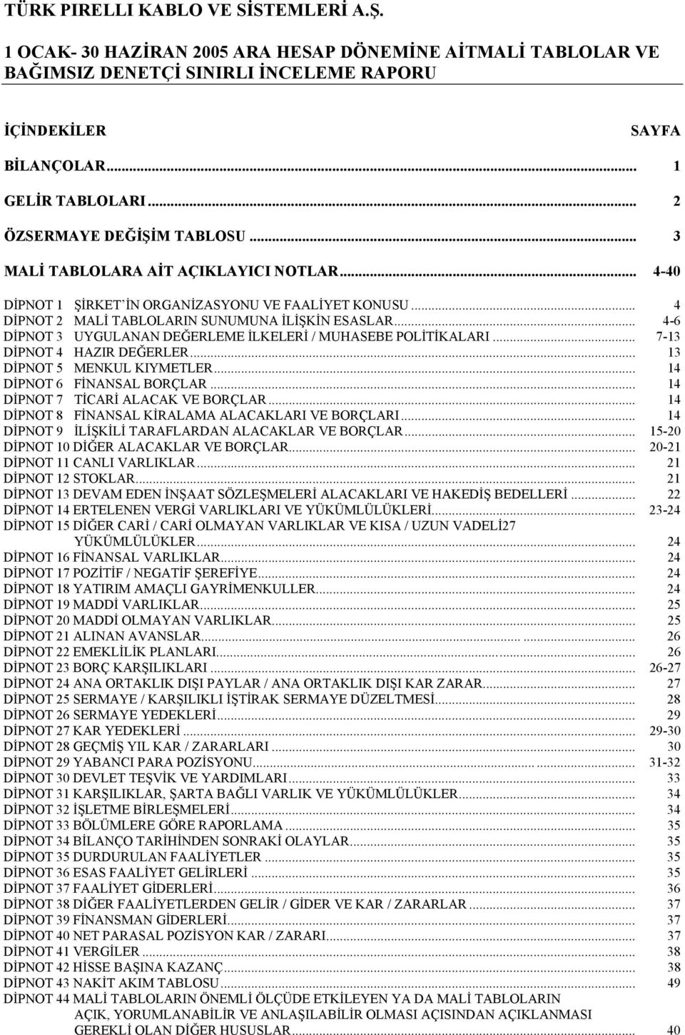 .. 4-6 DİPNOT 3 UYGULANAN DEĞERLEME İLKELERİ / MUHASEBE POLİTİKALARI... 7-13 DİPNOT 4 HAZIR DEĞERLER... 13 DİPNOT 5 MENKUL KIYMETLER... 14 DİPNOT 6 FİNANSAL BORÇLAR.