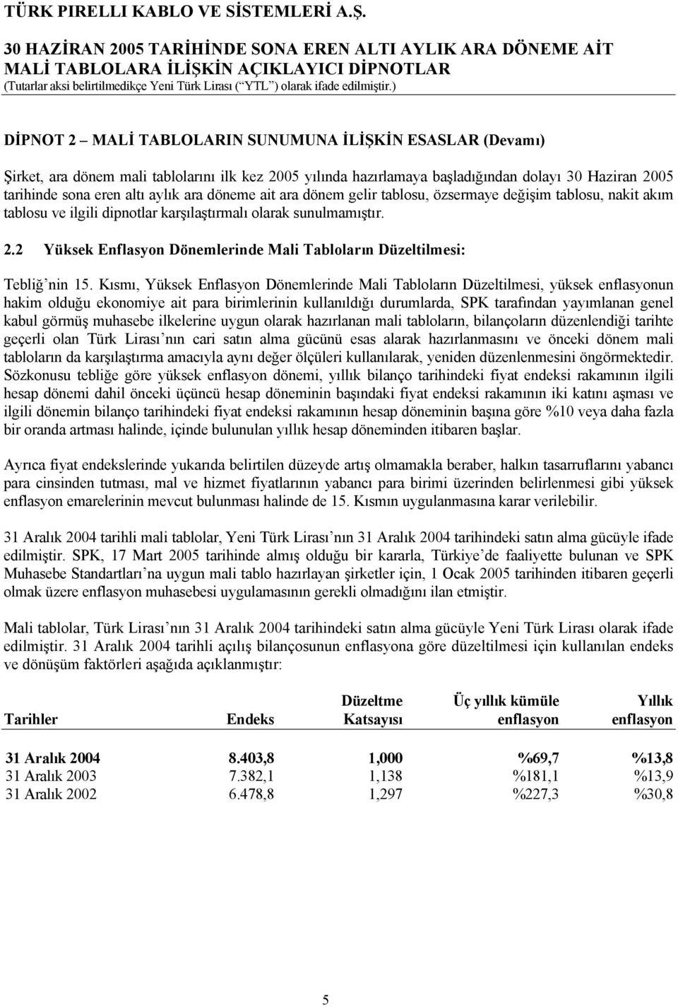 2 Yüksek Enflasyon Dönemlerinde Mali Tablolarõn Düzeltilmesi: Tebliğ nin 15.