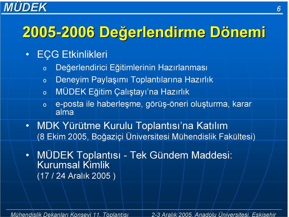 Değerlendirici Eğitimlerinin Hazırlanması Deneyim Paylaşımı Tplantılarına Hazırlık MÜDEK Eğitim Çalıştayı na Hazırlık e-psta