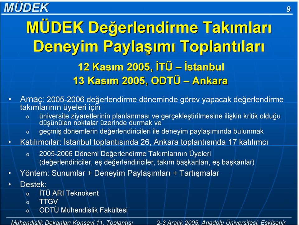 ODTÜ Ankara Amaç: 2005-2006 değerlendirme döneminde görev yapacak değerlendirme takımlarının üyeleri için üniversite ziyaretlerinin planlanması ve gerçekleştirilmesine ilişkin kritik lduğu düşünülen